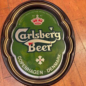 Vintage 1986 Carlsberg Beer Sign Mirror with Wood Frame Copenhagen Denmark